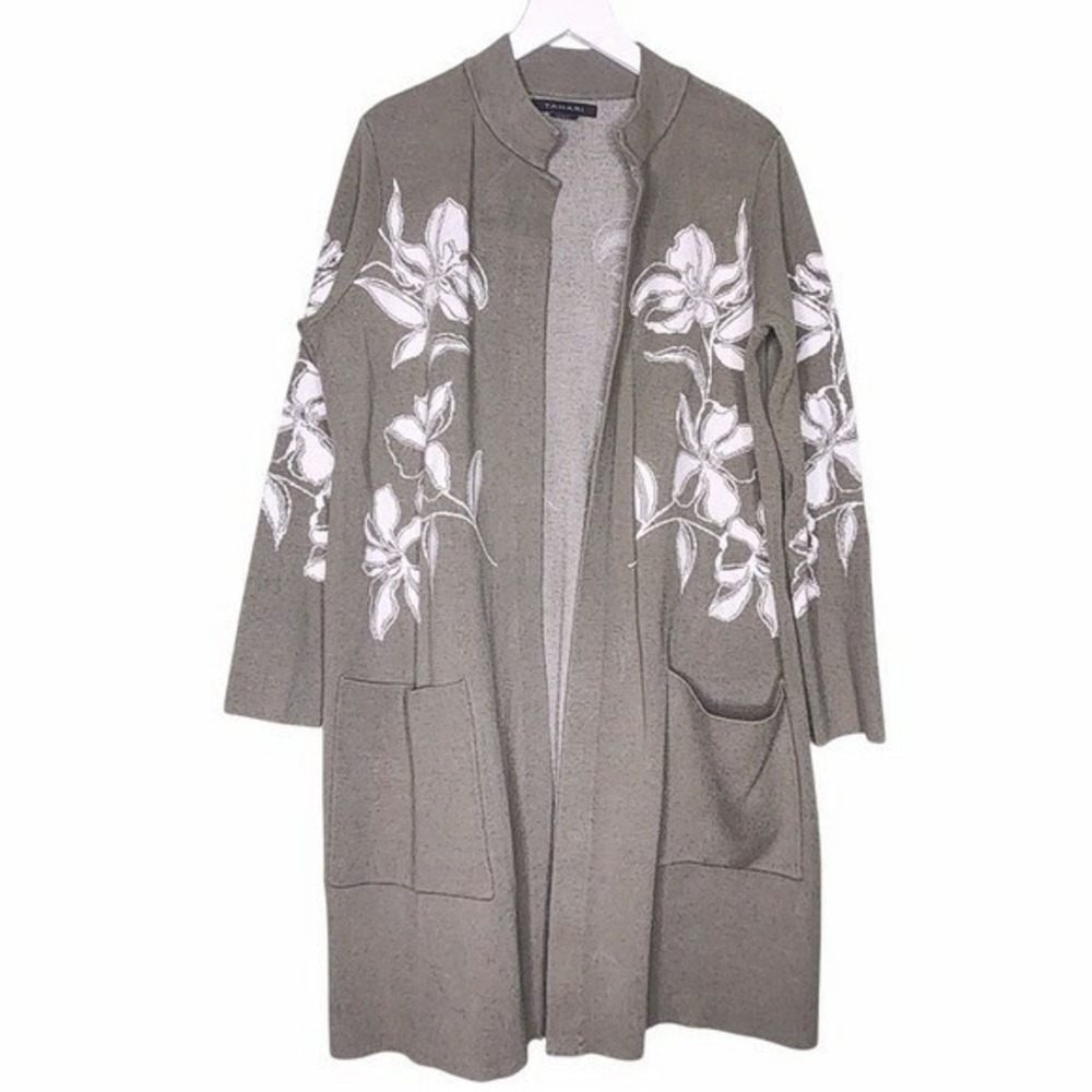 Tahari Olive Green Knit Sweater Floral Cardigan Sweater Pockets Long Preppy 1X